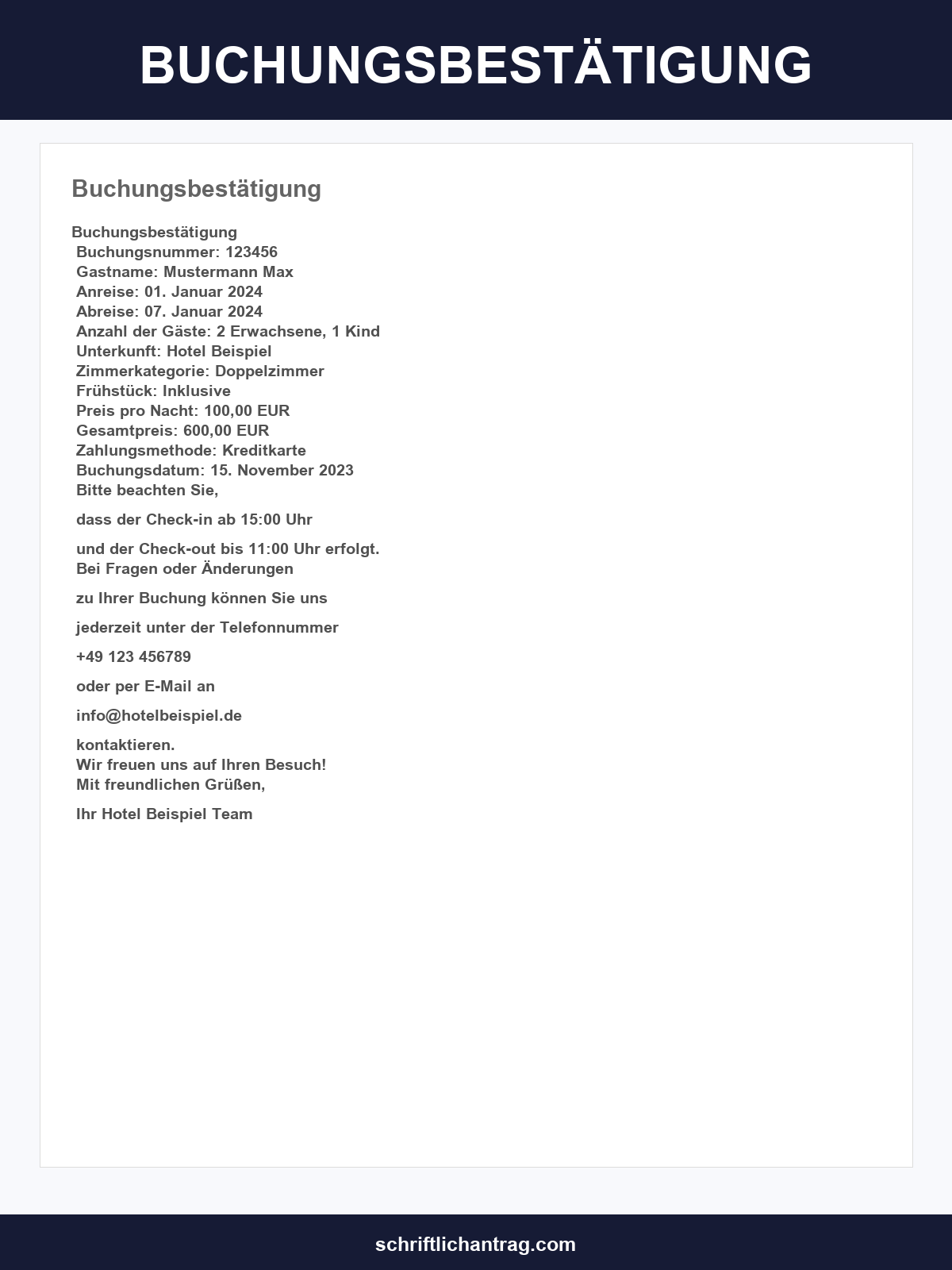 Buchungsbestätigung Vorlage