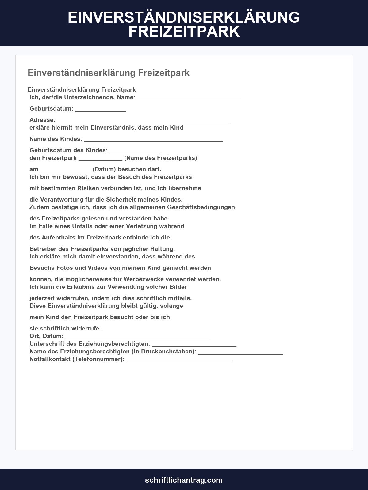 Einverständniserklärung Freizeitpark Muster