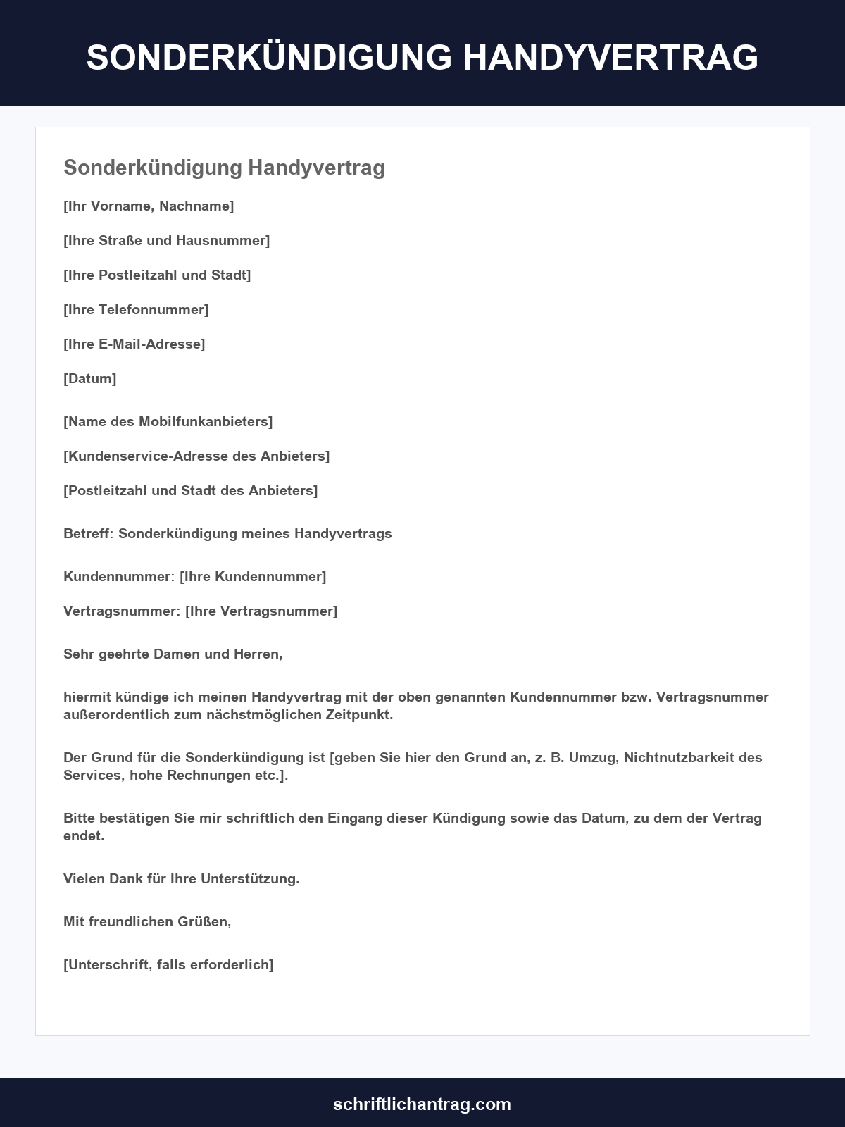 Sonderkündigung Handyvertrag Vorlage