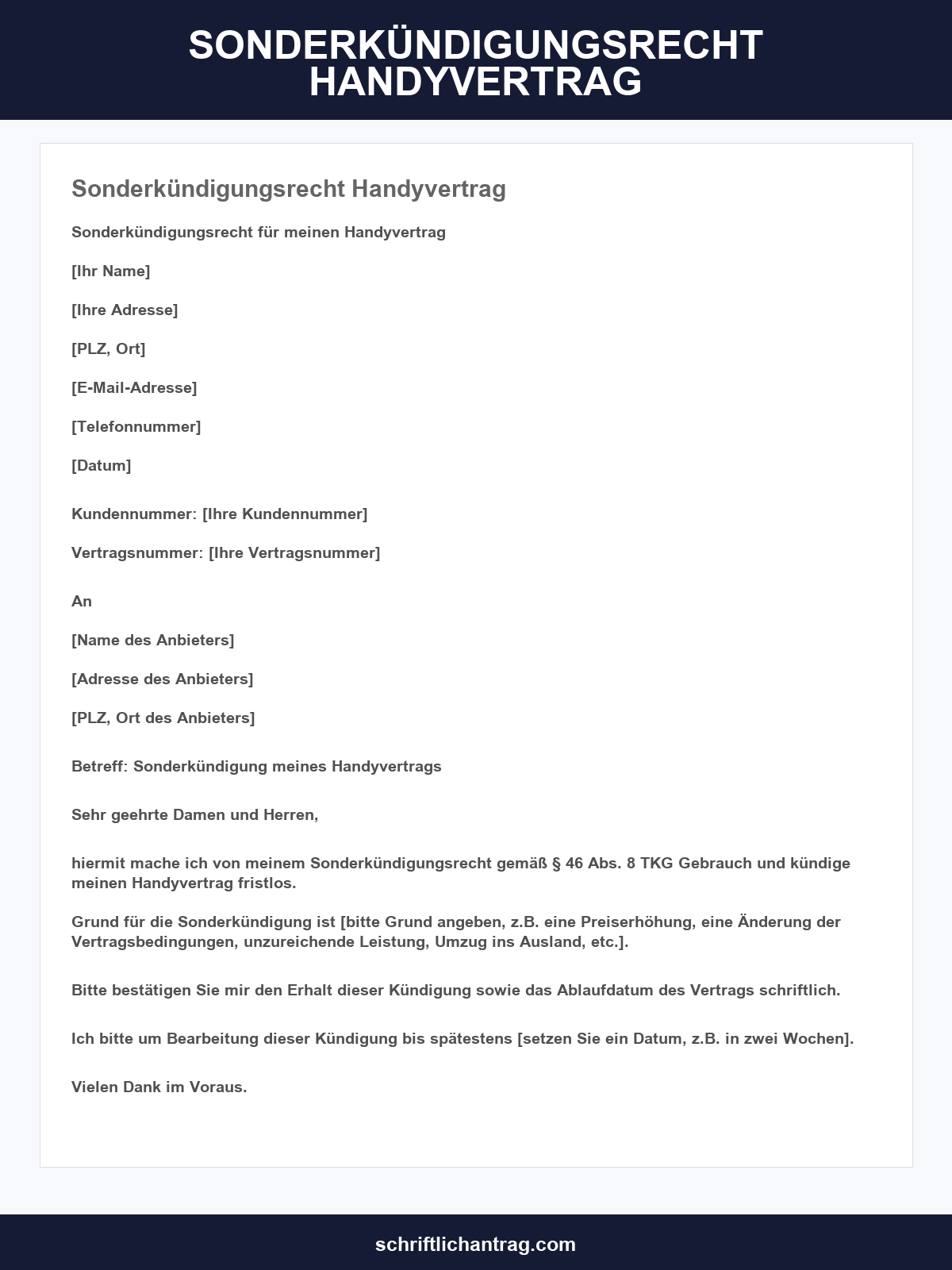 Sonderkündigungsrecht Handyvertrag Vorlage