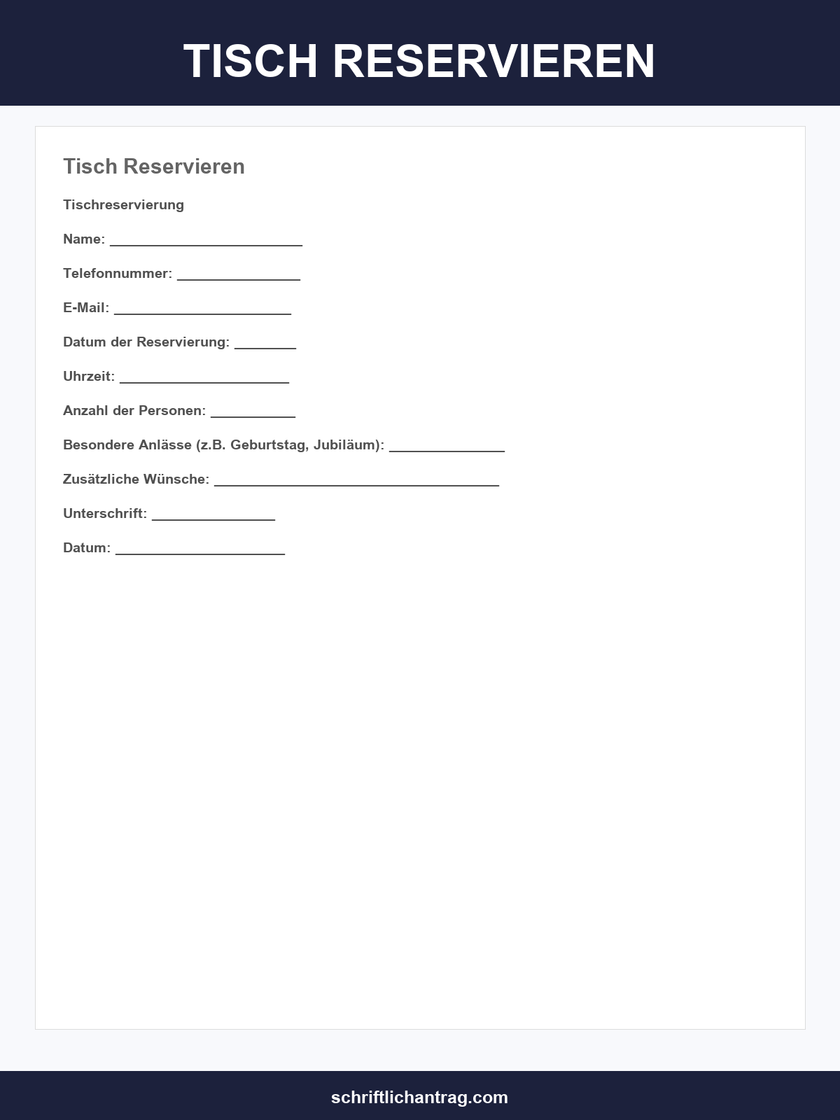 Tisch Reservieren Formulierung