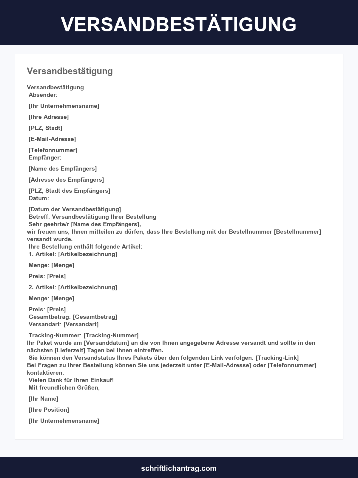 Versandbestätigung Vorlage