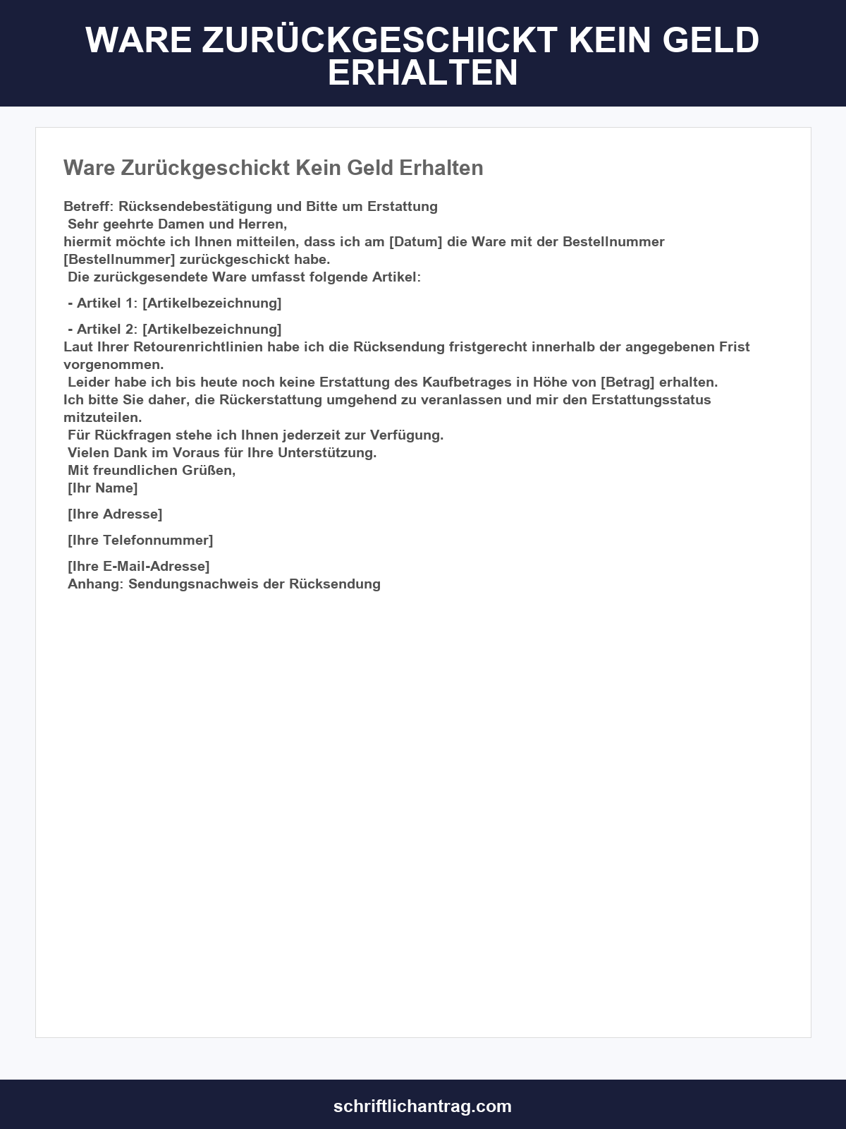 Ware Zurückgeschickt Kein Geld Erhalten Musterbrief