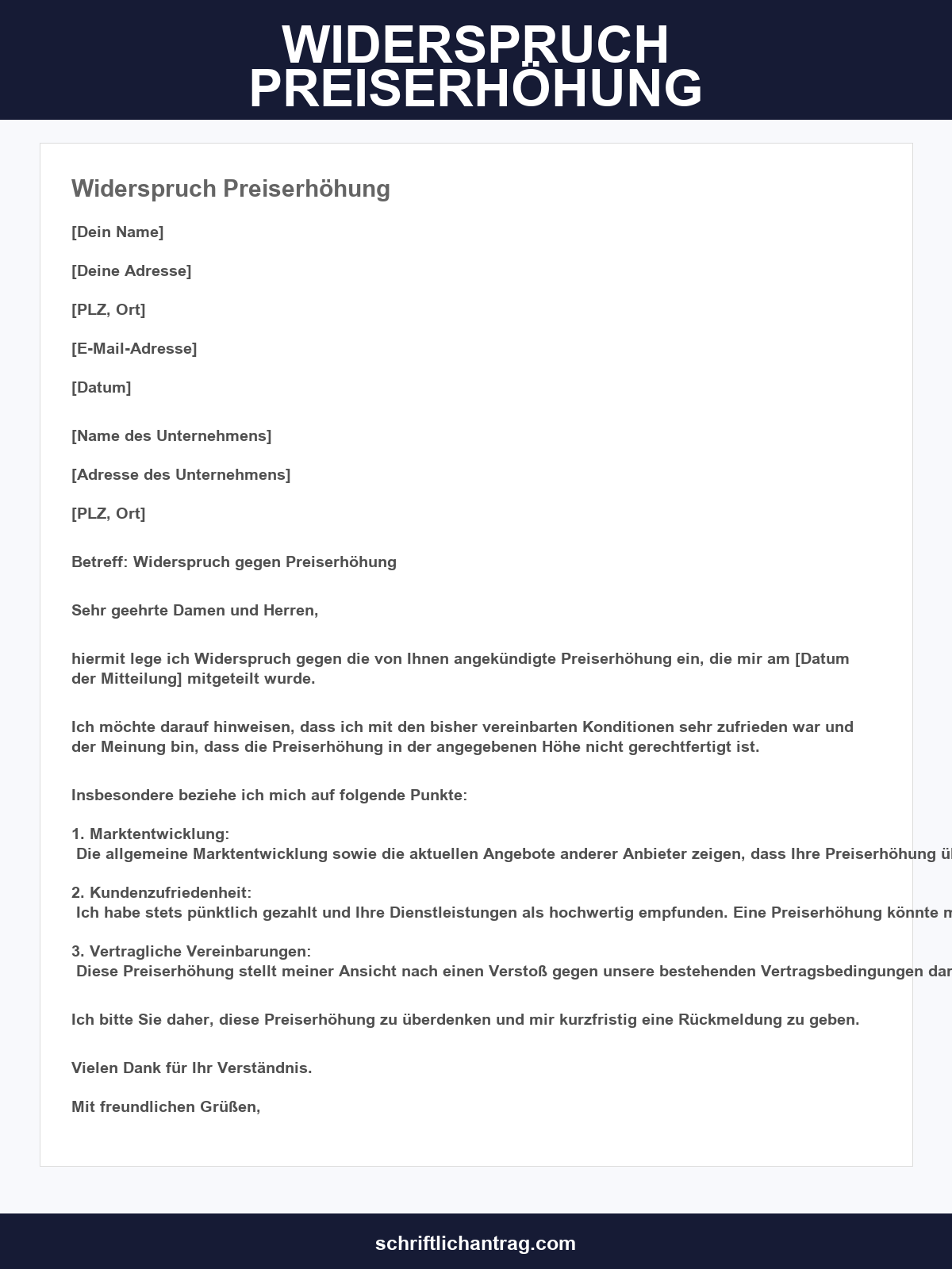 Widerspruch Preiserhöhung Vorlage